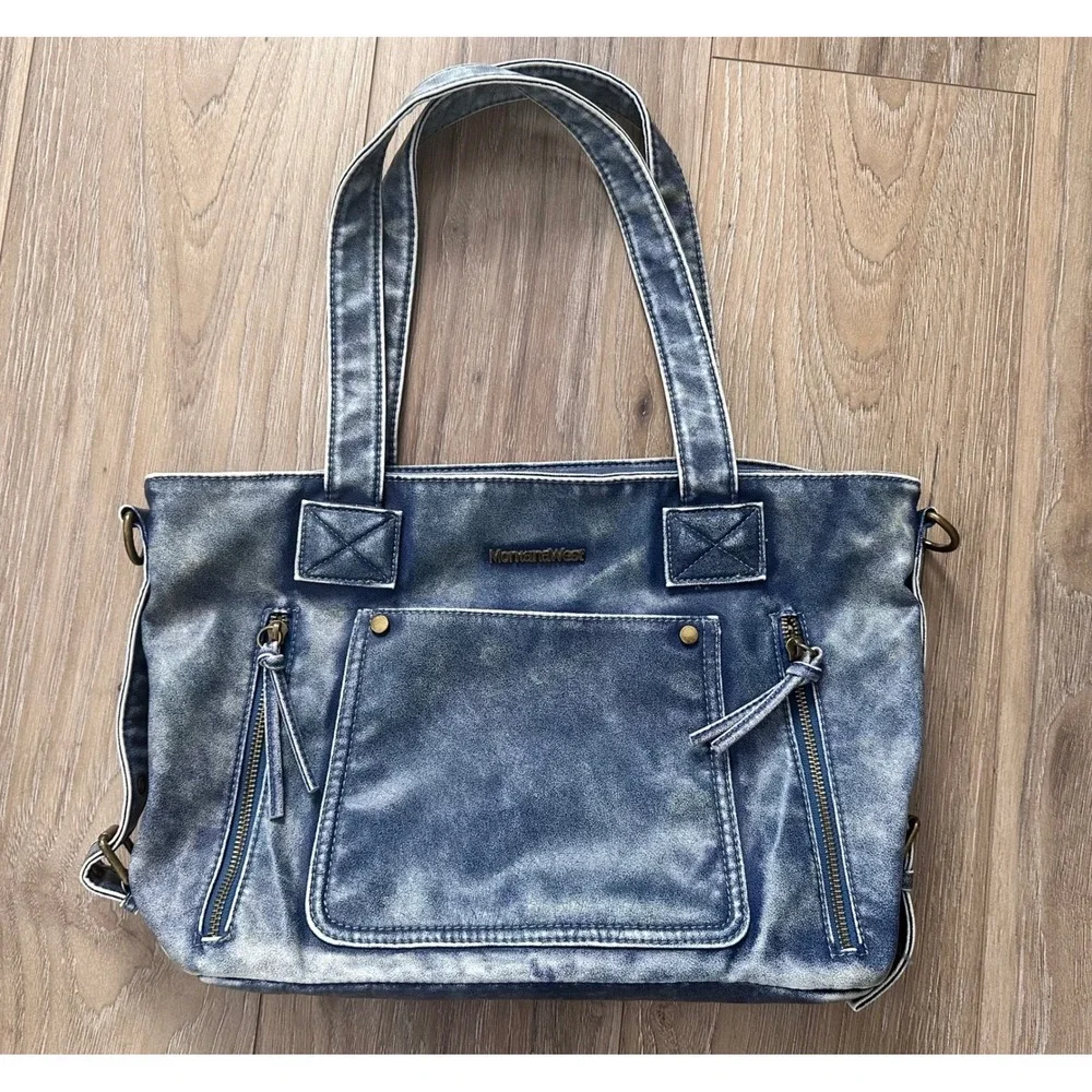 Montana West Blue Distressed Vegan Leather Shoulder Bag Western Tote Boho